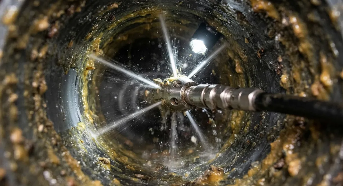 Water spraying from a jetting nozzle inside a pipe bore